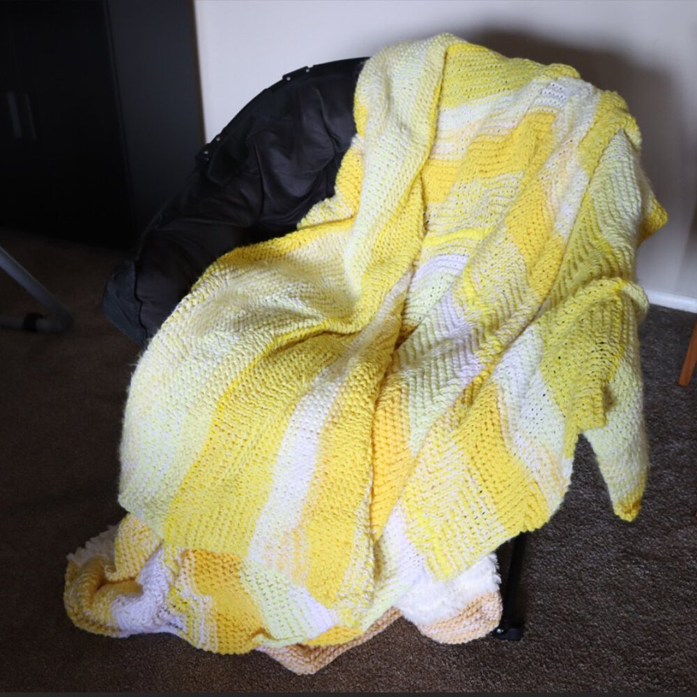 Sunshine yellow and white unique handmade large knitted soft cozy blanket 9'X5'
